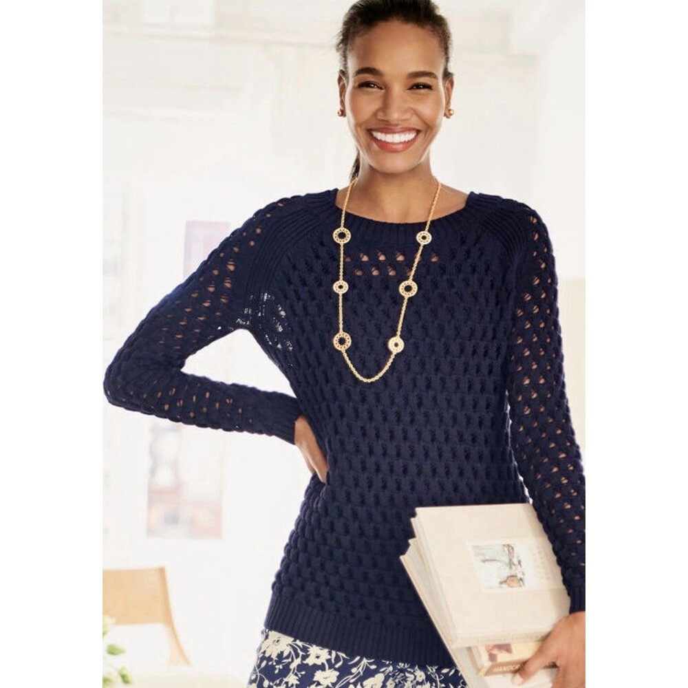 Talbots Women's Summer Sweater Navy Blue, Open Stitch, Size Medium